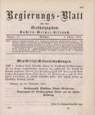 149. Ministerial-Bekanntmachung, das Statut der Gesammt-Universität Jena, die Studierenden und die Disziplin betreffend