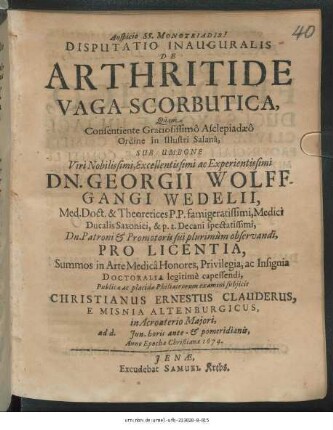 Disputatio Inauguralis De Arthritide Vaga Scorbutica