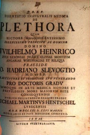 Dissertatio Inavgvralis Medica De Plethora