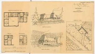Förstergehöft Monatskonkurrenz Oktober 1908: Lageplan 1:500; Grundriss Keller, Erdgeschoss, Dachgeschoss 1:200; 2 perspektivische Ansichten; 2 Maßstabsleisten