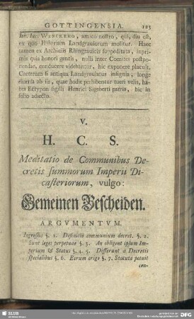 V. H. C. S. Meditatio de Communibus Decretis summorum Imperii Dicasteriorum, vulgo: Gemeinen Bescheiden