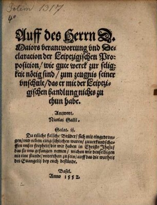 Auff des Herrn D. Majors Verantwortung ... wie gute Werk zur seligkeit nötig sind ... Antwort