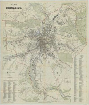Plan von Chemnitz , 1: 10 000, Lithographie, 1905 : Plan von Chemnitz / bearb. v. Stadtbauamt. - 8. Aufl. - 1:10 000. - Leipzig : Giesecke u. Devrient, 1905. - 1 Kt. : mehrfarb. Lithogr. ; 82 x 98 cm +++ Mit Straßenverz. und Gebäudekennung