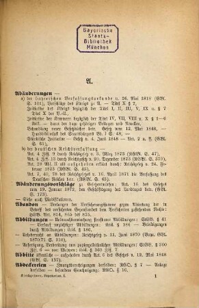 Repertorium zu den derzeit im Königreiche Bayern geltenden Landes-, Reichs- und Bundesgesetzen : sammt den hiezu ergangenen Verordnungen und Ministerialerlassen in alphabetischer Bearbeitung