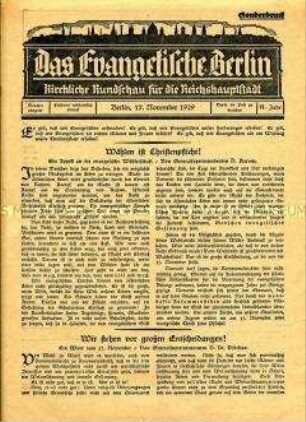 Mitteilungsblatt der Evangelischen Kirche Berlin zur Kommunalwahl 1929