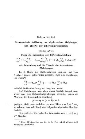 Drittes Kapitel. Transcendente Auflösung von algebraischen Gleichungen auf Theorie der Differentialresolventen.