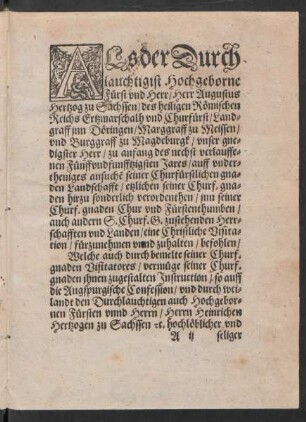Als der Durchlauchtigist Hochgeborne Fürst und Herr/ Herr Augustus Hertzog zu Sachssen ...