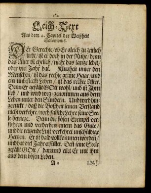Leich-Text Aus dem 4. Capitel der Weißheit Salomonis.