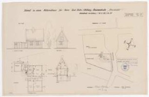 Notstandhaus Karl Bothe, Kolberg: Ansichten, Schnitt und Grundrisse EG und KG alle M 1:100, Lageplan M 1:500