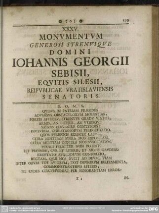 XXXV. Monumentum Generosi Strenuique Domini Johannis Georgii Sebisii, Equitis Silesii, Reipublicae Vratislaviensis Senatoris