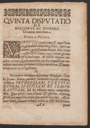 Quinta Disputatio De Speciebus Ac Numero Virtutum moralium.