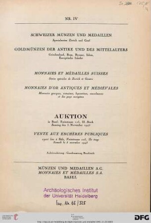 Schweizer Münzen und Medaillen, Goldmünzen: Antike und Mittelalter ... ; 3.11.1945 (Katalog Nr. 4)
