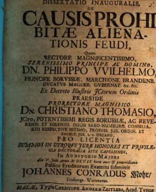 Dissertatio Inauguralis, De Causis Prohibitæ Alienationis Feudi