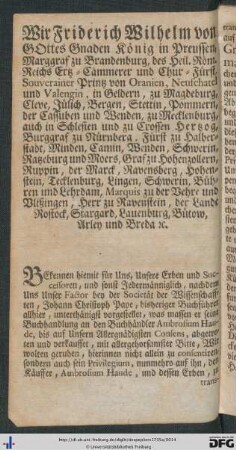 Wir Friedrich Wilhelm von Gottes Gnaden König in Preussen ...
