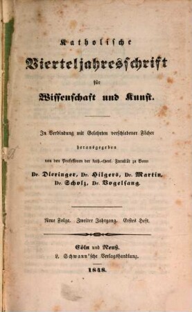 Katholische Vierteljahresschrift für Wissenschaft und Kunst. 2. 1848