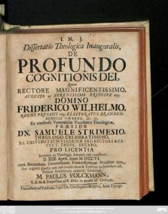 Dissertatio Theologica Inauguralis, De Profundo Cognitionibus Dei