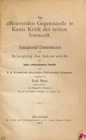 Die afficierenden Gegenstände in Kants Kritik der reinen Vernunft