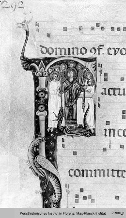 Antiphonar : Textseite mit historisierter Initiale F: Erzengel Michael und weitere Engel