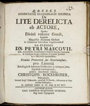 Dissertatio Inauguralis Iuridica De Lite Derelicta ab Actore
