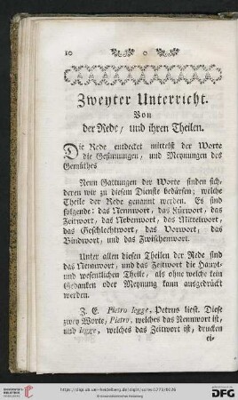 Zweyter Unterricht: Von der Rede, und ihren Theilen