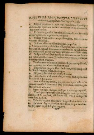 Theses De Providentia, Libertate voluntatis, Neceßitate, Contingentia, Casu.