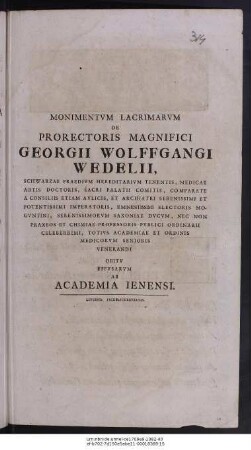 Monimentvm Lacrimarvm De Prorectoris Magnifici Georgii Wolffgangi Wedeli ...