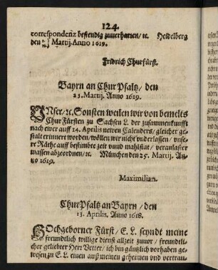 124, Bayrn an Chur Pfaltz den 25. Martij Anno 1619