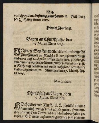124, Bayrn an Chur Pfaltz den 25. Martij Anno 1619