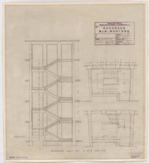 Haus des Rundfunks, Berlin-Charlottenburg: Treppe III , Schnitt gegen Privatstraße, Grundrisse EG, Keller 1:50