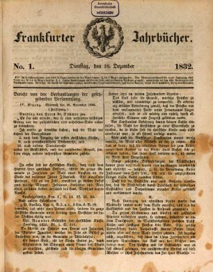 Frankfurter Jahrbücher : eine Zeitschr. für d. Erörterung hiesiger öffentl. Angelegenheiten. 2. 1833