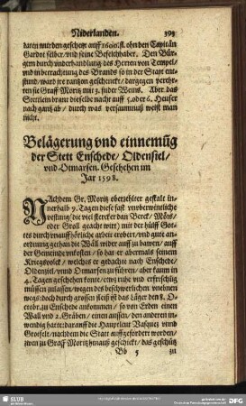 Belägerung und einnemu[n]g der Stett Enschede, Oldensiel, und Otmarsen. Geschehen im Jar 1598.