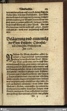 Belägerung und einnemu[n]g der Stett Enschede, Oldensiel, und Otmarsen. Geschehen im Jar 1598.