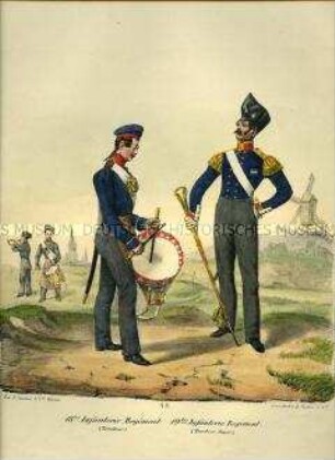Uniformdarstellung, Tambour des 18. Infanterie Regiments, Tambourmajor des 19. Infanterie-Regiments, Preußen 1830. Aus: Elzholz u.a.: Das Preussische Heer. Tafel 44.