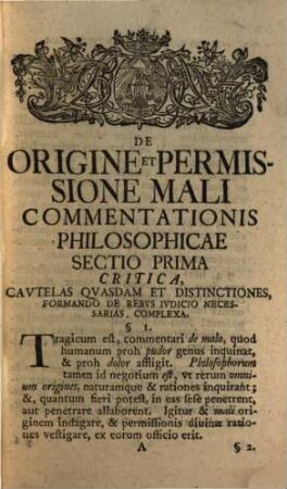 Georgii Bernhardi Bilfingeri De origine et permissione mali praecipue moralis commentatio philosophica
