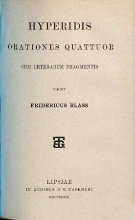 Hyperidis Orationes Quattuor : cum ceterarum fragmentis