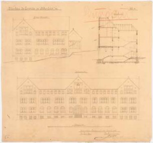Collegium Bernhardinum, Attendorn: Seiten- und Vorderansicht und Querschnitt 1:100
