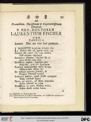 D. Neo - Doctorem Laurentium Fischer, Ode Jambica: Lemma. Haec ars vitae luci praelucet