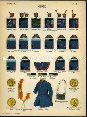 Uniformdarstellung, Detailstudien von Kopfbedeckungen, Patronentasche, Mantel und Abzeichen verschiedener Pionier-Korps, Frankreich, 1804/1890.