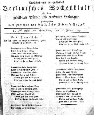 211tes Stueck, Sonnabend, den 16 Januar 1813