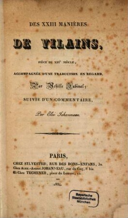 Des XXIII Manières de Vilains : Pièce du XIII. siècle