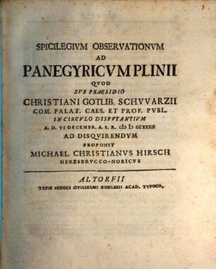 Spicilegium observationum ad Panegyric. Plinii