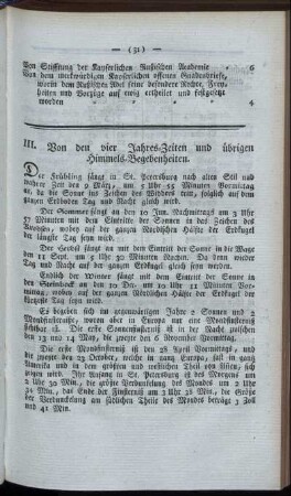 III. Von den vier Jahres-Zeiten und übrigen Himmels-Begebenheiten