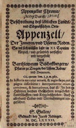 Appenzeller Chronic : Das ist, Beschreibung deß löblichen Lands ... Appenzell ...