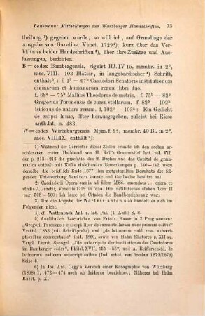 Mittheilungen aus Würzburger Handschriften. 2, Cassiodor's Institutiones saecularium litterarum (oder humanarum rerum) in der Würzburger und Bamberger Handschrift