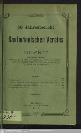 58.1903/04: Jahresbericht des Kaufmännischen Vereins zu Chemnitz