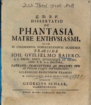 Dissertatio De Phantasia Matre Enthvsiasmi