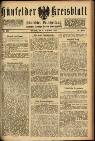 Ausgabe vom Mittwoch, den 27. September 1922.