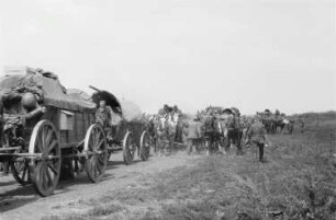Zweiter Weltkrieg. Frontbilder. Sowjetunion. Konvoi der deutschen Wehrmacht mit Pferdefuhrwerken
