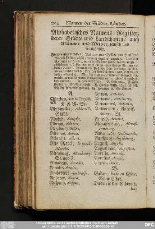 Alphabetisches Namen-Register, derer Städte und Landschaften, auch Männer und Weiber, teutsch und französisch.
