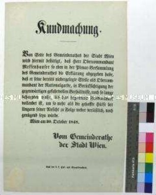Kundmachung des Gemeinderates der Stadt Wien über die kommissarische Fortführung seines Amtes durch den Oberkommandanten Messenhauser